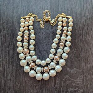 Kate Spade New York Faux Triple Strand Pearl Necklace Gold Chain Crystal Accents